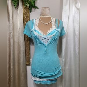 ♡ Y2K ♡ Hollister Aqua Blue Button Down Babydoll Henley Top Short Sleeve